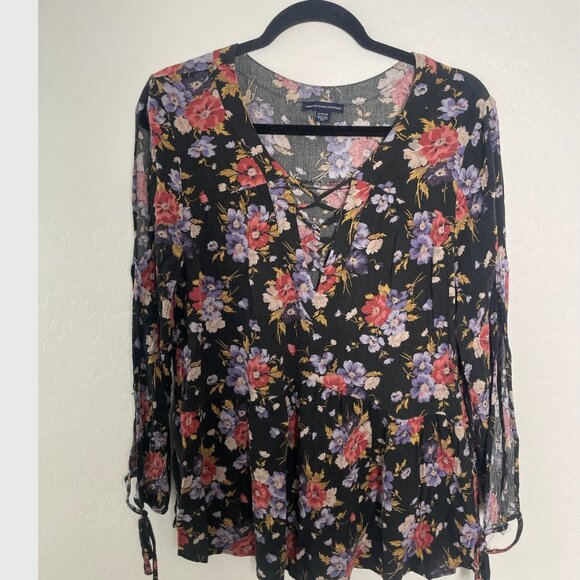 Peplum Top Floral V Neck Tie Drawstring Hipster Hippie Trendy Pullover Blouse - Picture 6 of 7